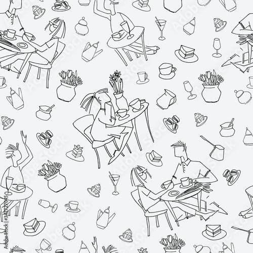 Seamless pattern made of cafe scenes and objects. Outlined hand drawn vector illustrations. Black on white
