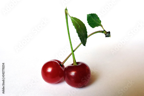 A close-up of two red cherries with green stalks and leaves, white background