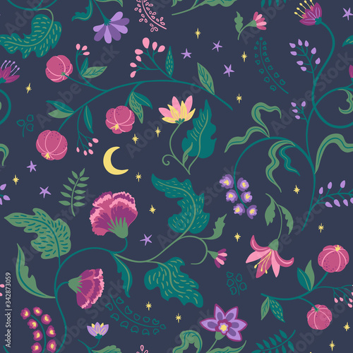 Seamless vector pattern with fantastic flowers, moon and stars like fairy tale background. Perfect for printing children clothes.