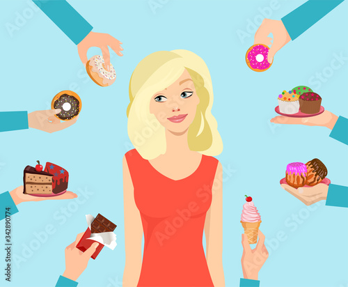 Vector of a woman trying to resist not to eat junk sweet food offered by many people