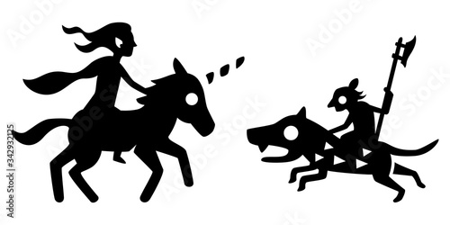 Elf unicorn rider charging at a goblin wolf rider. Black outlines isolated on white.