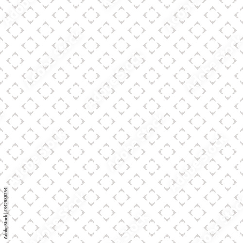 Vector geometric floral seamless pattern. Subtle abstract minimalist texture with tiny curved shapes, flower figures. Simple elegant white and gray ornamental background. Delicate design for decor