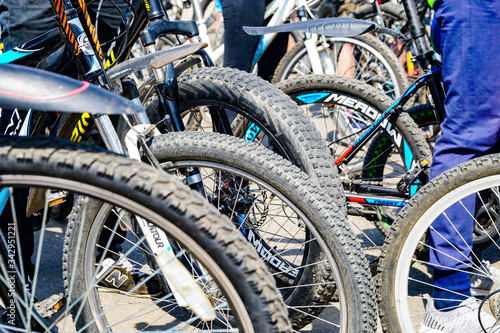 many bicycle wheels close up 