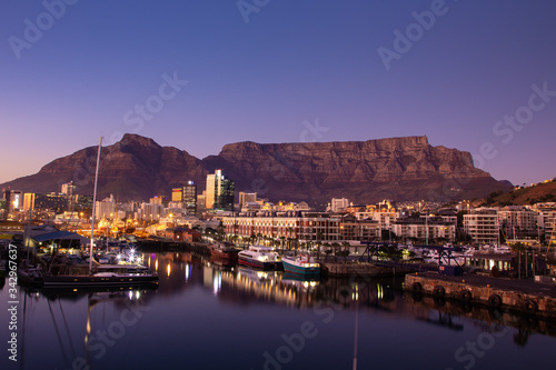View of Table Mountain at dawn from waterfront of Cape Town