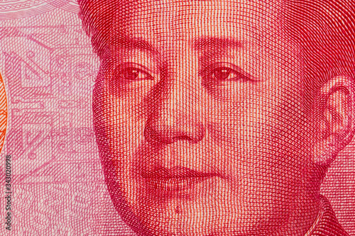 Close-up portrait of China 1st Chairman Mao Zedong on Chinese Bank Note Rmb yuan.