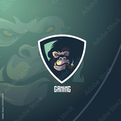 King kong mascot logo design with modern illustration concept style for badge, emblem and t shirt printing. King kong smoking illustration for sport and e-sport team.