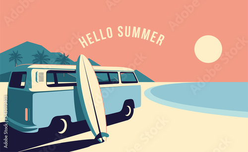 Surfing van and surfboard at the beach with mountains landscape on background. Summer time vacation banner design template. Vintage styled minimalistic vector illustration.