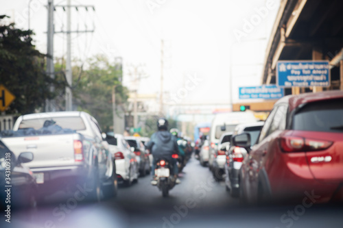Blurry background of terrible traffic jam in city