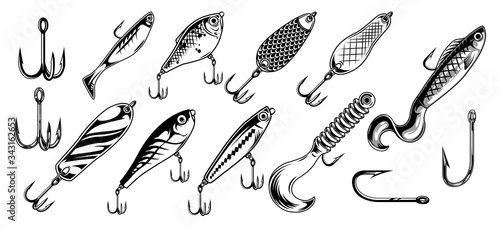 Vintage fishing lures monochrome set