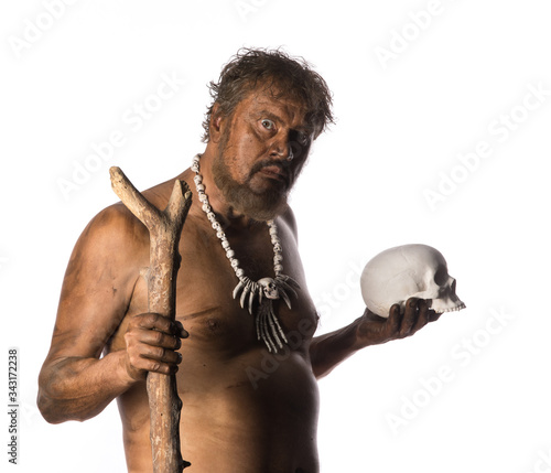 cave ancient man with a club , Ice Age