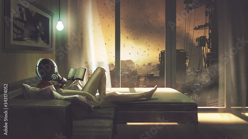 self-quarantine concept, a girl with wearing a gas mask lying on the sofa reading a book in her room, digital art style, illustration painting