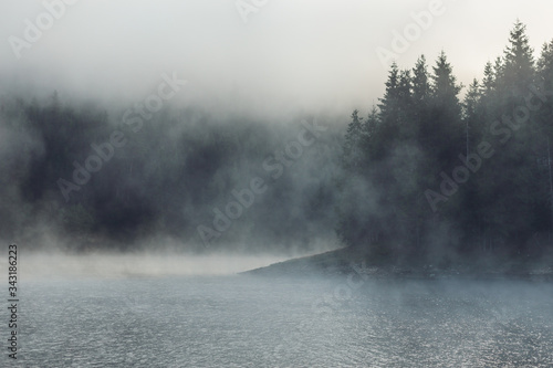 Early morning with dense fog over a quiet lake at the top of the mountain surrounded by the mysterious forest of firs and spruces in the heart of Apuseni Mountains in Romania.