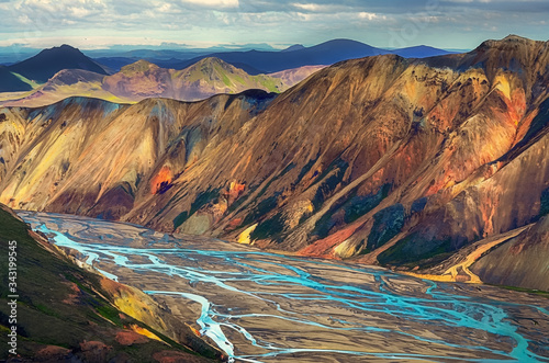 Landscape view of Landmannalaugar colorful volcanic mountains and river, Iceland