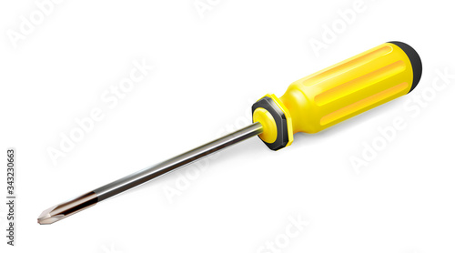 Yellow professional realistic screwdriver with a plastic handle. isometric 3d construction tool isolated on white background. Vector illustration. Cruciform for repair and construction.