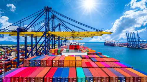 Container ship unloading in deep sea port, Global business logistic import export freight shipping transportation oversea worldwide by container ship open sea, Container vessel loading cargo freight.