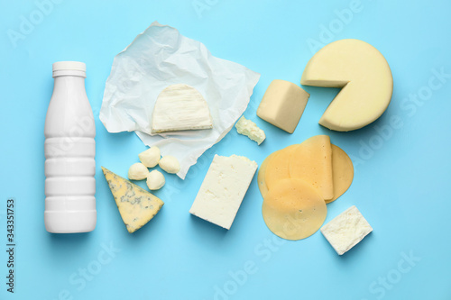 Different dairy products without lactose on color background