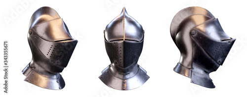 Set of Classic Medieval Knight Armet Helmet with visor. All side view. Used for tournaments or battlefields. 3D render Illustration Isolated on white background.