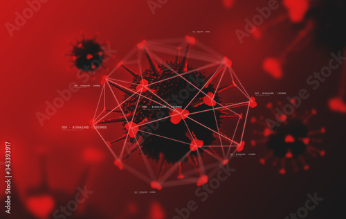 science, epidemic and biotechnology concept - 3d illustration of coronavirus cells on dark red background