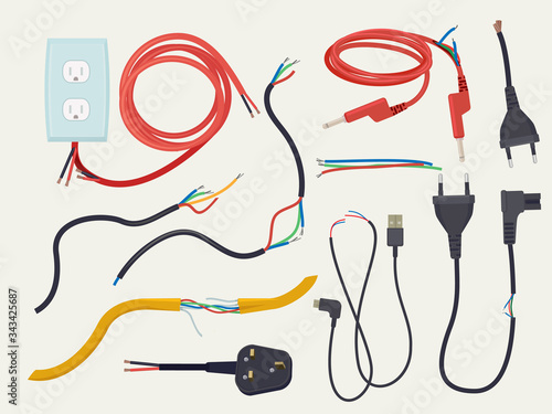 Electric problem. Damaged communication cable with plug broken connection cut electrical signal vector. Cable and wire plug, power electric electrical illustration