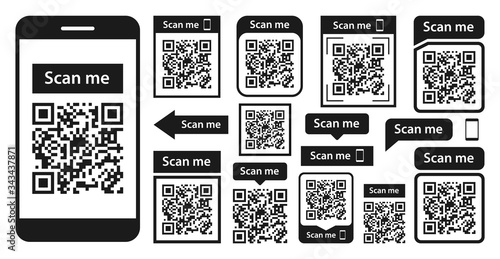 QR code set. Scan qr code icon. Template scan me Qr code for smartphone. QR code for mobile app, payment and phone. Vector illustration.
