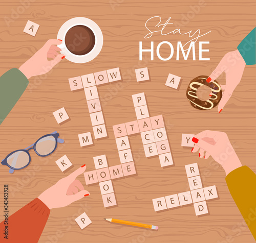 Stay home motivation poster. Spend evening time with friends, Play the game "Scrabble". Top view process. Lifestyle Vector Illustration.