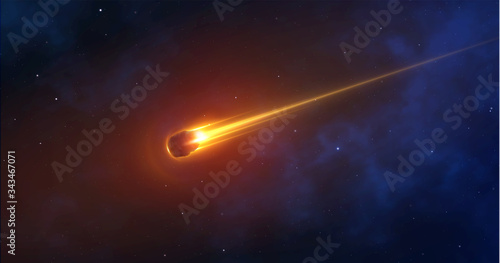 Realistic comet, meteorite, an asteroid in motion burns against the background of outer space. 3d object vector illustration. Bullet burns with fire