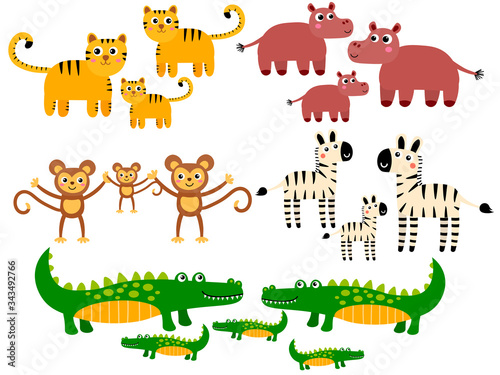 Cute tiger and hippo, monkey and zebra, crocodile families. Cartoon African wild animals in childlike flat style isolated on white background. Vector illustration. 