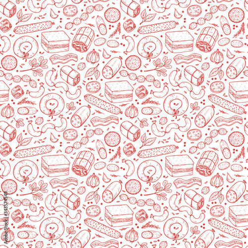 Vector Food background. Sausages Seamless pattern. Vector Meat products: Ready sausage, bacon, sliced saveloy, sausage, spicy pepperoni, smoked sausages, salami, baked meatloaf, frankfurters