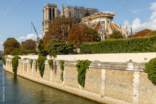 Notre Dame Cathedral in Paris, France, after the fire, under reconstruction with scaffolding