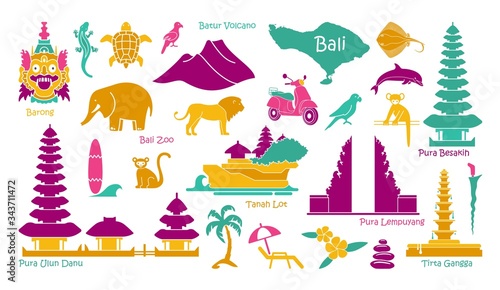 Bali, Indonesia icons set. Attractions, flat design. Tourism in Bali, isolated vector illustration. Traditional symbols