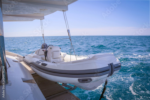 Light inflatable boat equipped with a motor or oars, with a soft or hard bottom. Communication between the two boats. Tow the yacht in calm weather. Take the anchor and measure the depth, lift the boa