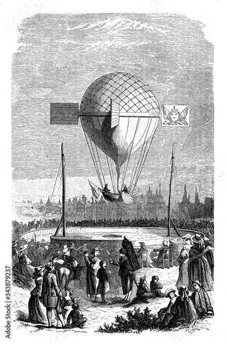 First flight with a dirigible balloon at Dijon mounted by the Abbe' Berteaux and Louis-Bernard Guyton-Morveau, French chemist and aeronaut, year 1784