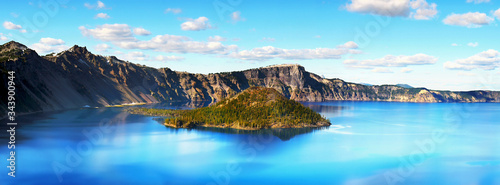 Scenic blue Crater Lake panorama in mountains Oregon