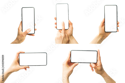 Mobile phones with white screens. Blank mockups of smartphones isolated. Empty phone frame.