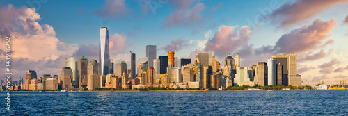 High resolution panoramic view of lower Manhattan in New York City taken from the NY harbor