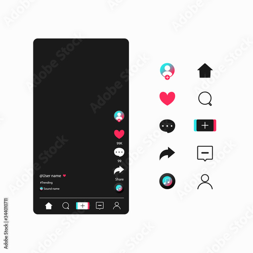 Social media templates modern design buttons web application. Set icons: search, story, like, share, hashtag, user, comment, note, home, plus. Mockup web symbols, app, ui. Vector illustration. EPS 10