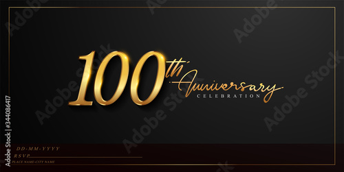 100th anniversary celebration logotype with handwriting golden color elegant design isolated on black background. vector anniversary for celebration, invitation card, and greeting card