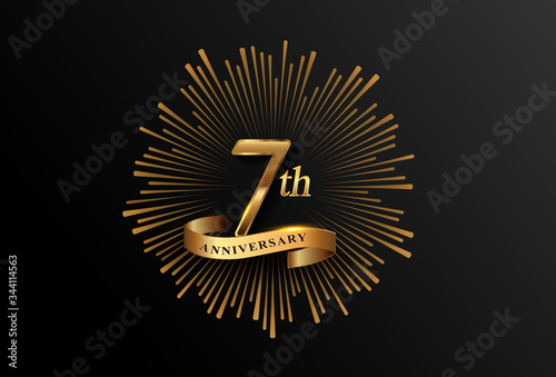 7th anniversary logotype with fireworks and golden ribbon, isolated on elegant background. vector anniversary for celebration, invitation card, and greeting card