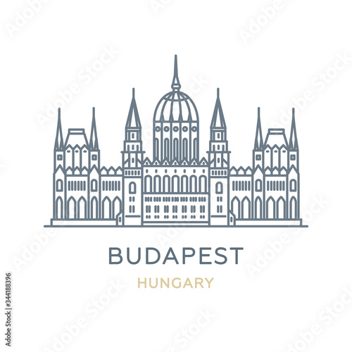 Budapest city, Hungary. Line icon of the famous and largest city in Europe. Outline icon for web, mobile, and infographics. Landmark and famous building. Vector illustration, white isolated. 