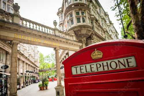 London street scene of Sicilian Avenue and phone box in Bloomsbury area of West End