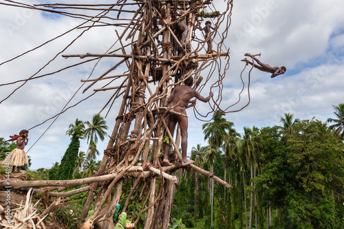 Pentecost, Vanuatu - June 2019: Traditional Melanesian Nagol land diving ceremony bungee jumping with vines from wooden towers