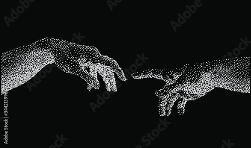 The Creation of Adam. Vector hand drawn dotwork illustration in postmodern vaporwave style. Fashion print for t-shirt or cover.