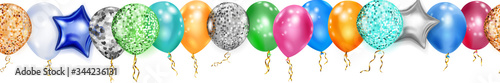 Banner with multicolored shiny balloons, round and in the shape of stars, with ribbons and shadows, on white background, with horizontal seamless repetition