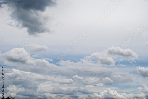Zdjęcie z miejscem na tekst przedstawiające jasne, błękitne niebo z chmurami. Jasne i ciemne chmury na tle jasnego nieba.