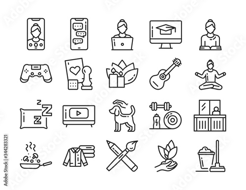 Home leisure line black icons set. Homework: Cleaning, Cooking, Yoga. Isolated vector element. 