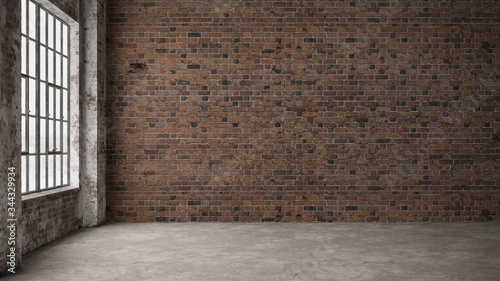 Empty, loft industrial grunge interior. Old brick walls and big windows. Interior concept background . 3d Render