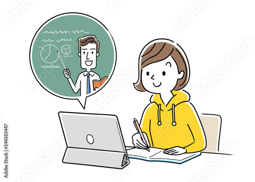 Stock illustration: girl taking an online class at home