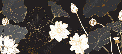 Golden lotus line arts on dark background, Luxury gold wallpaper design for prints, banner, fabric, poster, cover, digital arts vector illustration. 