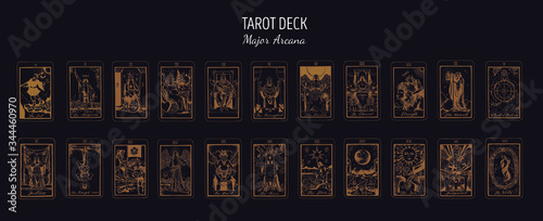 Big Tarot card deck. Major arcana set part . Vector hand drawn engraved style. Occult and alchemy symbolism. The fool, magician, high priestess, empress, emperor, lovers, hierophant, chariot