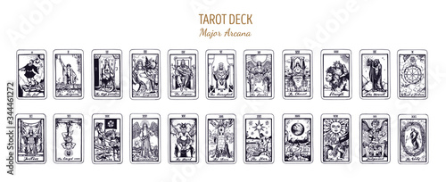 Big Tarot card deck. Major arcana set part . Vector hand drawn engraved style. Occult and alchemy symbolism. The fool, magician, high priestess, empress, emperor, lovers, hierophant, chariot